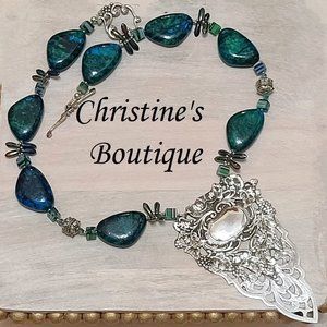 Hancrafted statement necklace,green chrysocolla, sterling silver